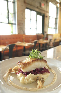 Block Island Black Bass with new potato puree, sweet and sour red cabbage, crispy oysters and horseradish aioli..